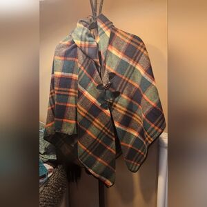 Plaid Poncho W/ Leather & Wooden Toggle Clasps - NWOT